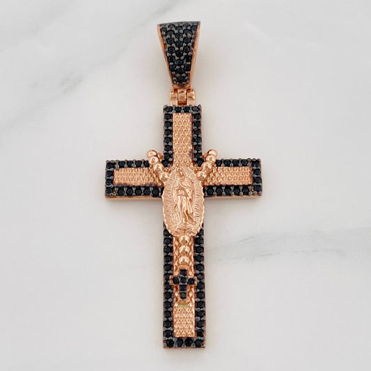 Dije Cruz Virgen de Guadalupe 6g / 4.5cm Dos Oros Negro Rosa 18K