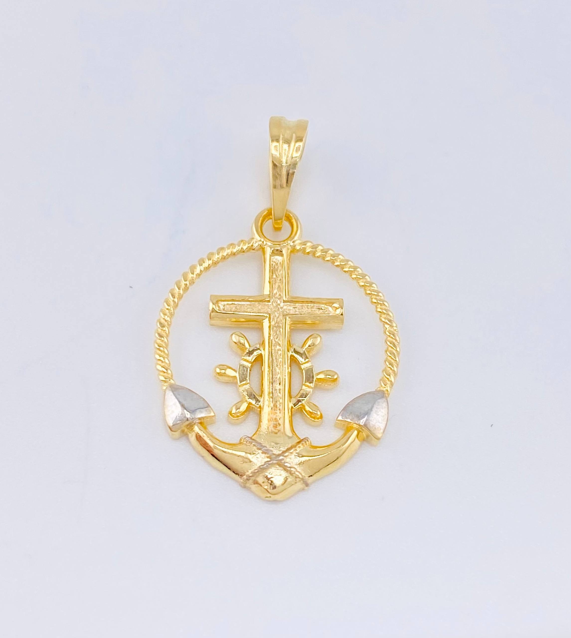 Dije Cruz Ancla Trenzada 2.1gr / 2.5cm / Dos Oros Amarillo Blanco 18K ©
