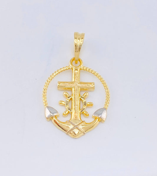 Dije Cruz Ancla Trenzada 2.1gr / 2.5cm / Dos Oros Amarillo Blanco 18K ©