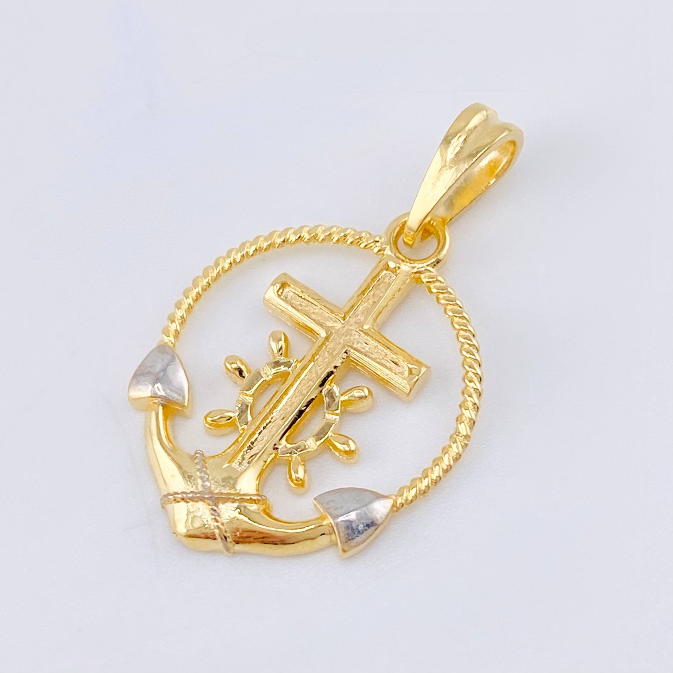 Dije Cruz Ancla Trenzada 2.1gr / 2.5cm / Dos Oros Amarillo Blanco 18K ©