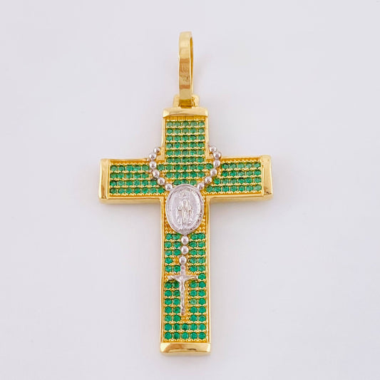 Dije Cruz Rosario Virgen Milagrosa 5.85gr / 4.9cm / Dos Oros Amarillo Blanco 18K *