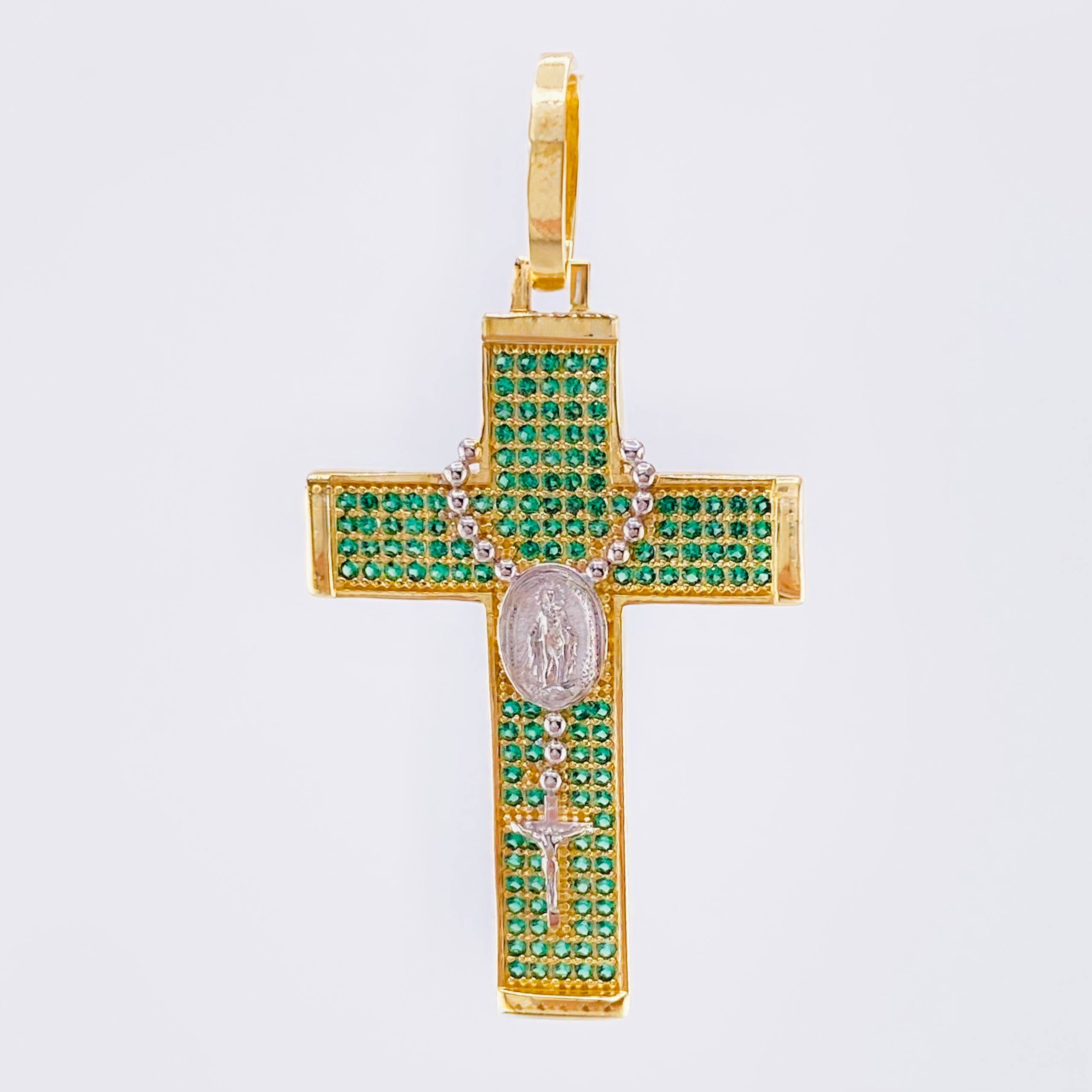 Dije Cruz Rosario Virgen Milagrosa 5.85gr / 4.9cm / Dos Oros Amarillo Blanco 18K *