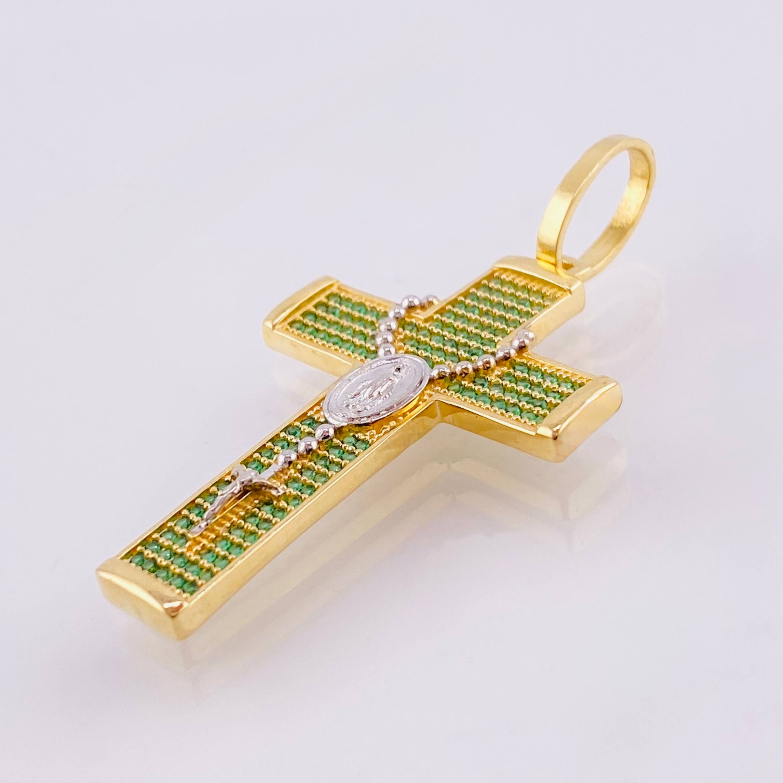 Dije Cruz Rosario Virgen Milagrosa 5.85gr / 4.9cm / Dos Oros Amarillo Blanco 18K *