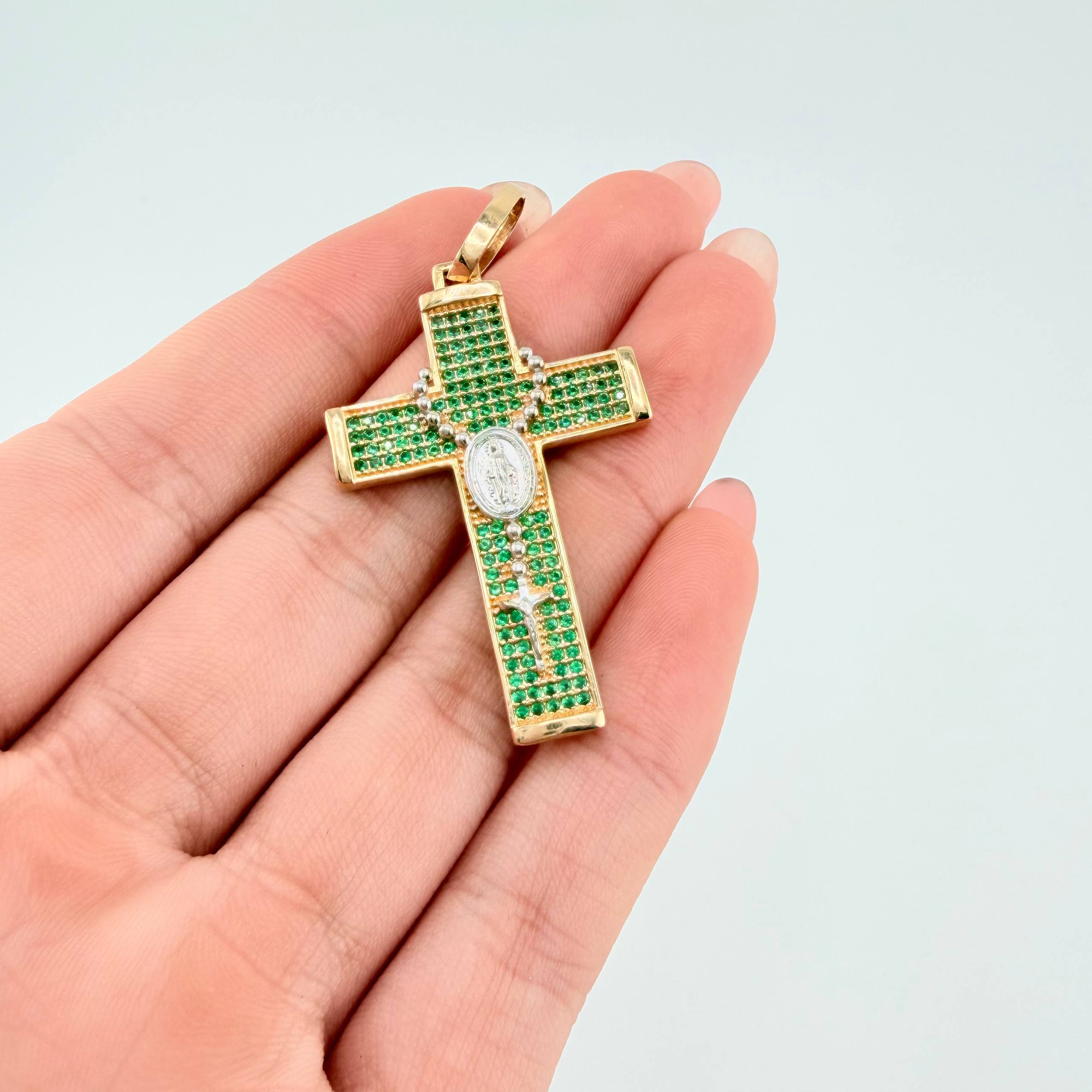 Dije Cruz Rosario Virgen Milagrosa 5.85gr / 4.9cm / Dos Oros Amarillo Blanco 18K *