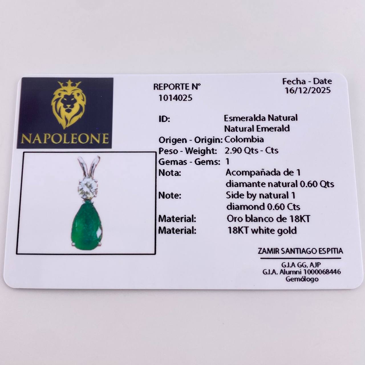 Dije Gota De Oliva 2.9 Qts Esmeralda 60pts Diamantes 3.1gr / 2.6cm / Oro Blanco 18K ©