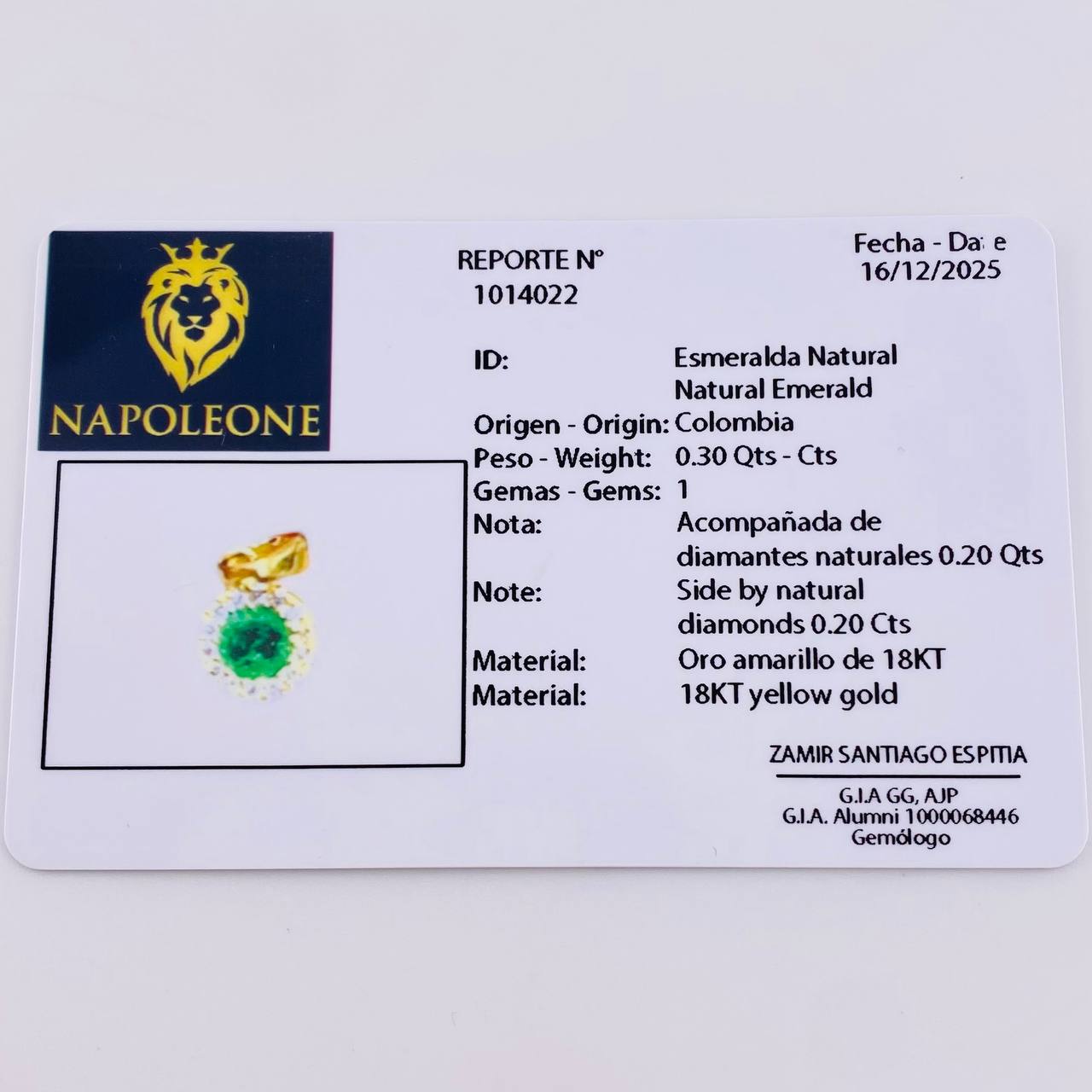 Dije Circulo Halo Tupido 30pts Esmeralda 20pts Diamantes 1.3gr / 1.5cm / Oro Amarillo 18K ©