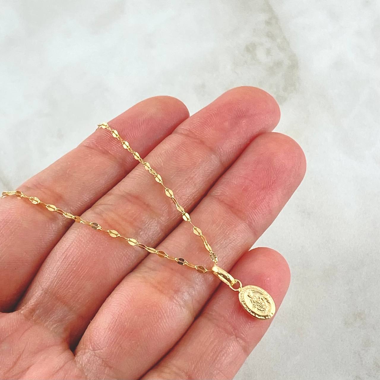 Set Cadena y Dije Flor Espejo + Virgen Milagrosa 1.45gr / 50cm / Oro 18K (Oferta) ©