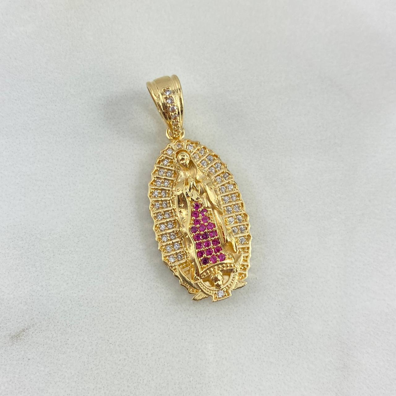 Dije Silueta Virgen de Guadalupe 5.65gr / 3.4cm / Circones Blancos Fucsias Oro Amarillo *