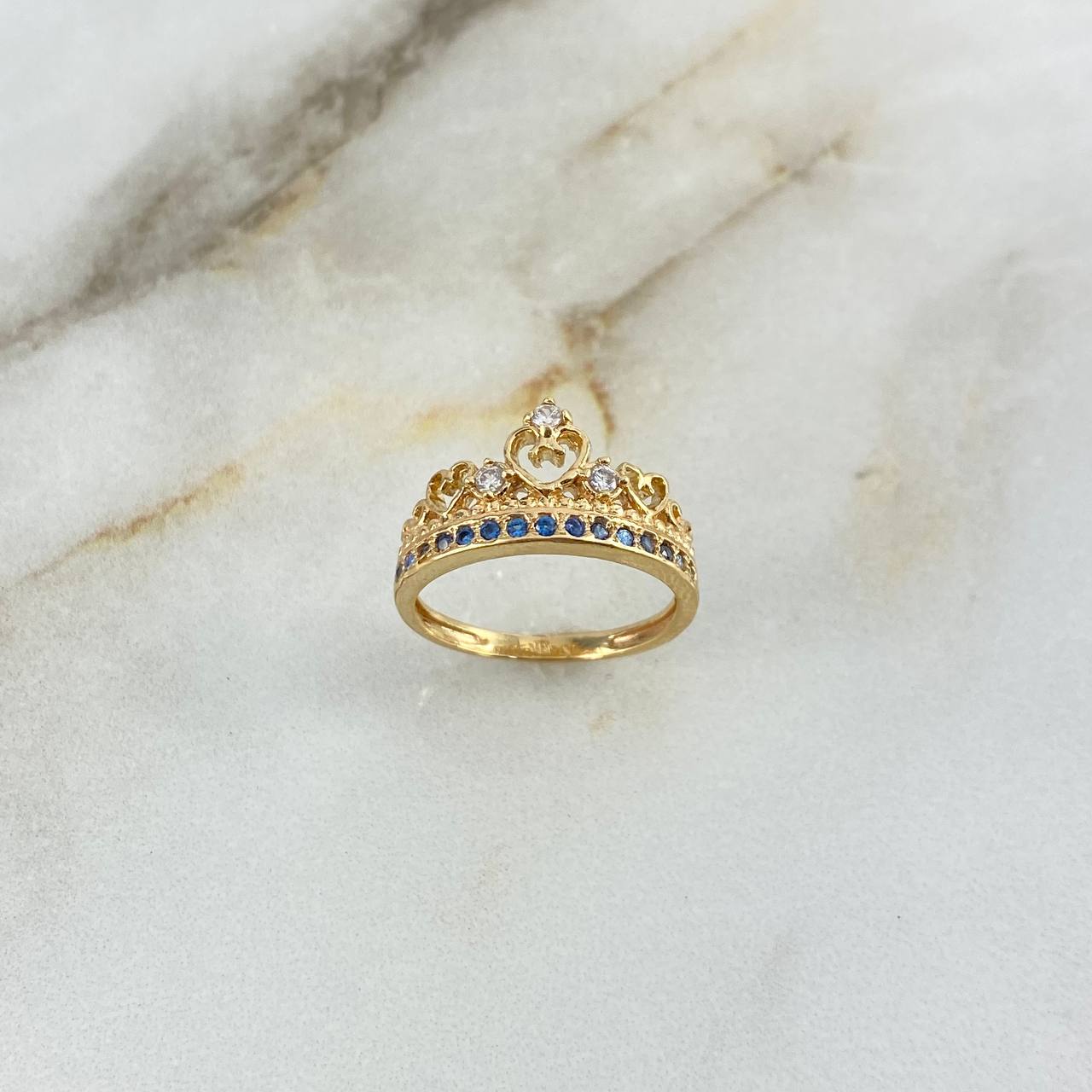 Anillo Corona Corazones 2.65gr / T5 / Circones Blancos-Azules Oro Amarillo ©