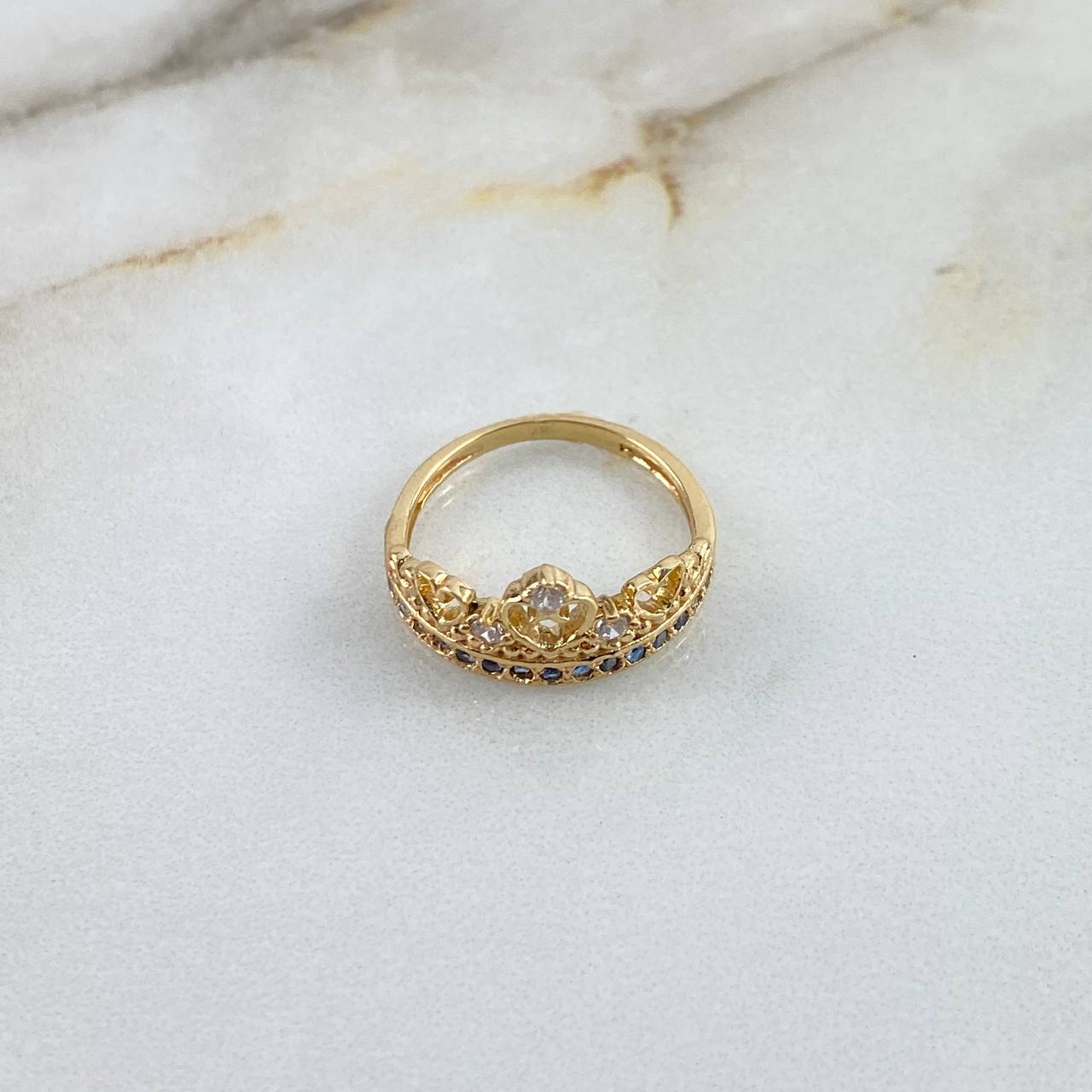 Anillo Corona Corazones 2.65gr / T5 / Circones Blancos-Azules Oro Amarillo ©