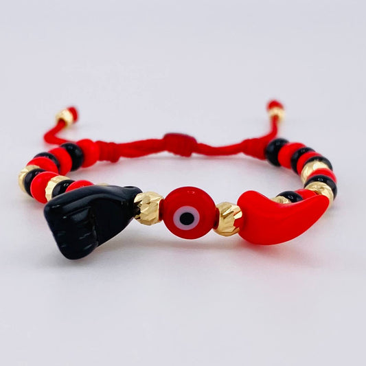 Pulsera Tejida Roja Mano Proteccion / Bolas Diamantadas 10Und 3Mm-4Mm Oro Amarillo 18K (A.C)