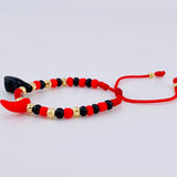 Pulsera Tejida Roja Mano Proteccion / Bolas Diamantadas 10Und 3Mm-4Mm Oro Amarillo 18K