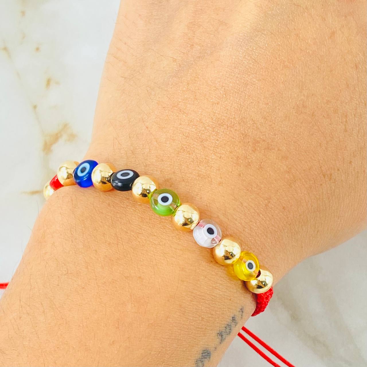 Pulsera Roja Ojos Turcos Colores 1.45gr / Oro Amarillo 18K (A.C)