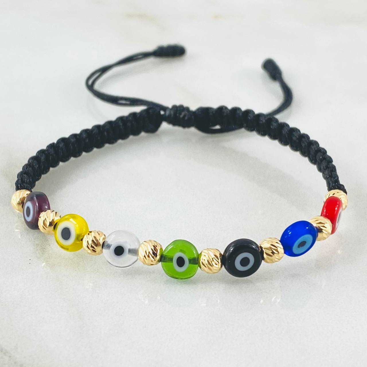 Pulsera Negra Ojos Turcos Colores 0.85gr / Oro Amarillo 18K (A.C)