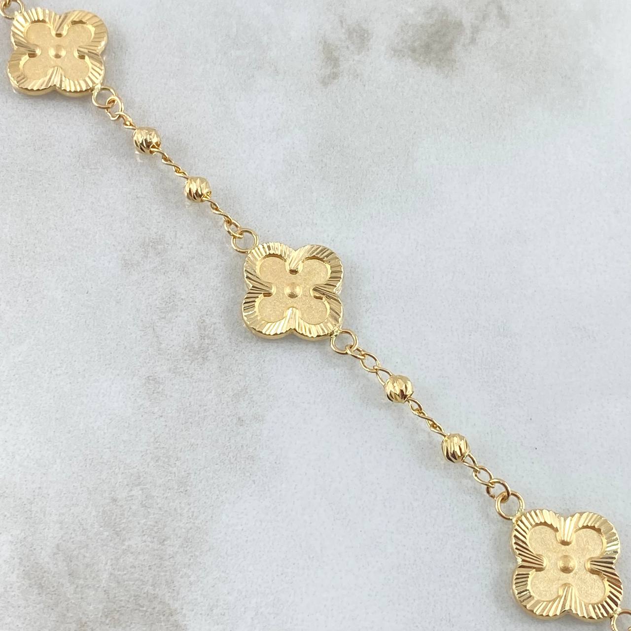 Pulso Flores Mate Borde Diamantado 5.05gr / 18cm / 3mm Bolas Diamantadas Oro Amarillo 18K ©