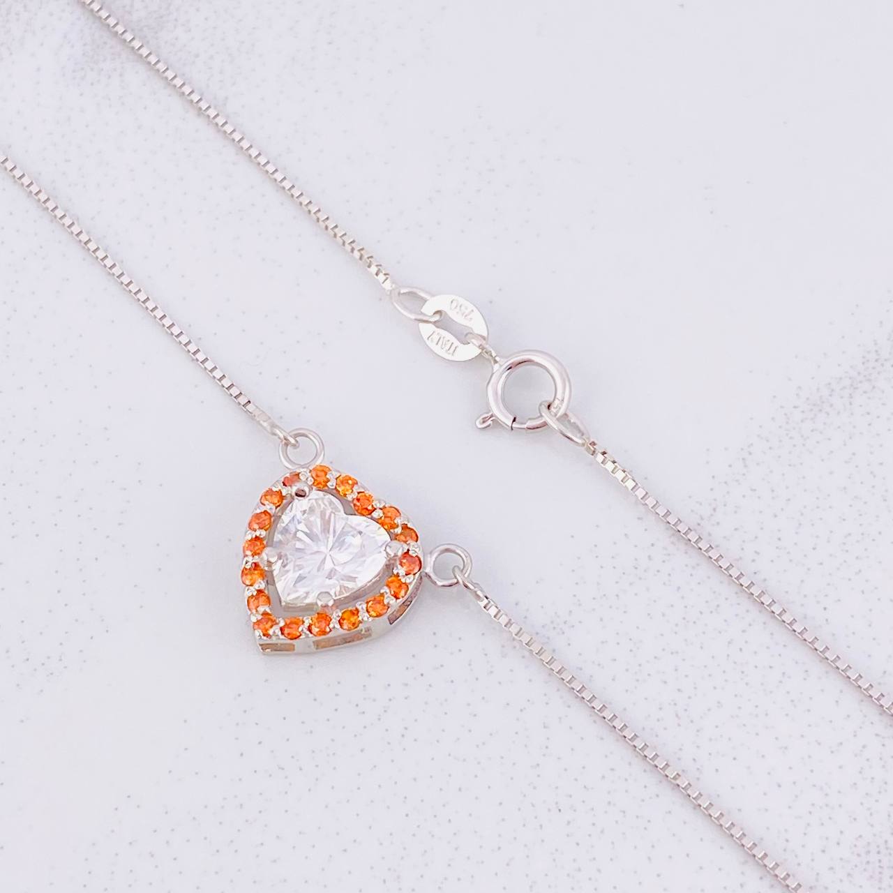 Set Cadena Veneciana + Dije Corazón Moisanitas 1 qts / 2.7g / 40cm Oro Blanco 18K