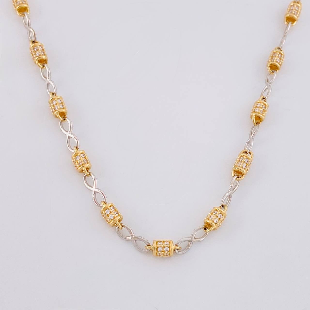 Cadena Rustica Infinito Barril 20g / 65.8cm / 3.4mm Dos Oros Amarillo Blanco 18K