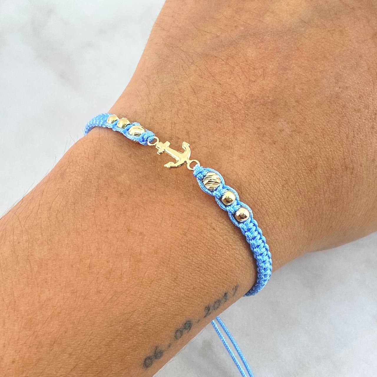 Pulsera Celeste Ancla 0.75gr / 4mm-3mm Bolas Lisas Diamantadas 6 und Oro Amarillo ©