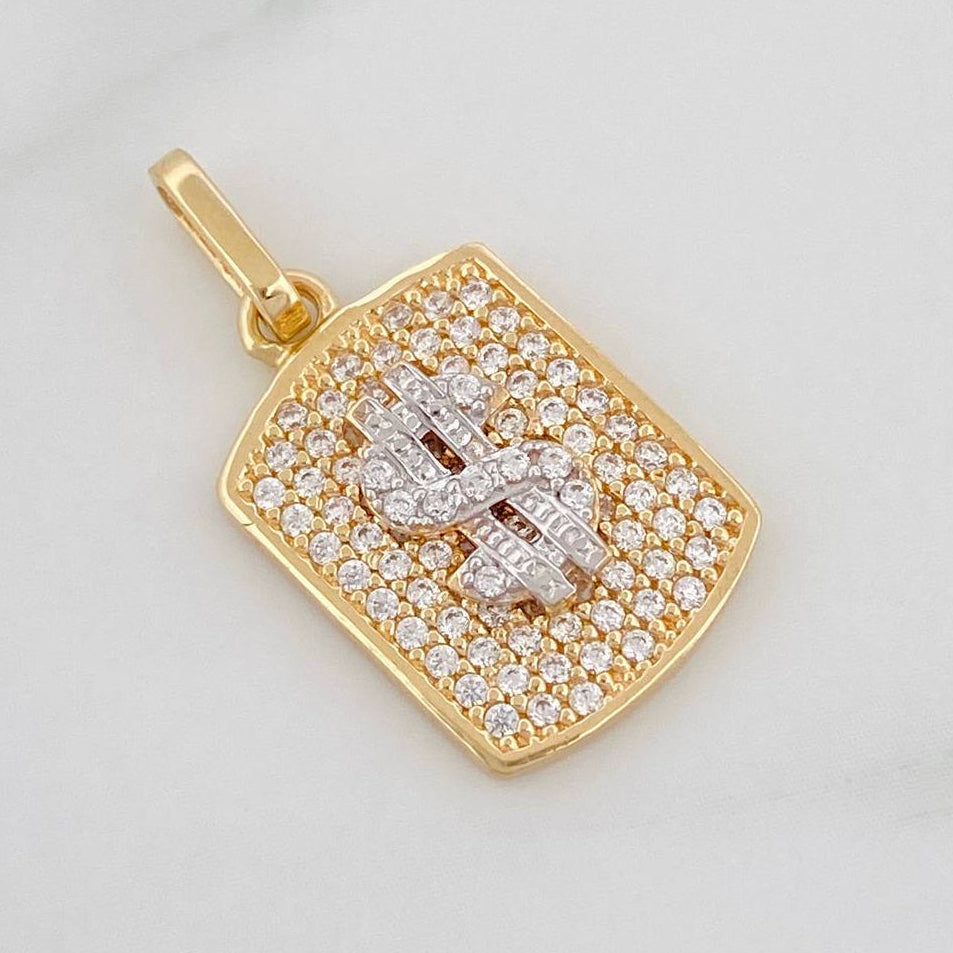 Dije Placa Signo Peso 2.3g / 2.2cm Dos Oros Amarillo Blanco 18K