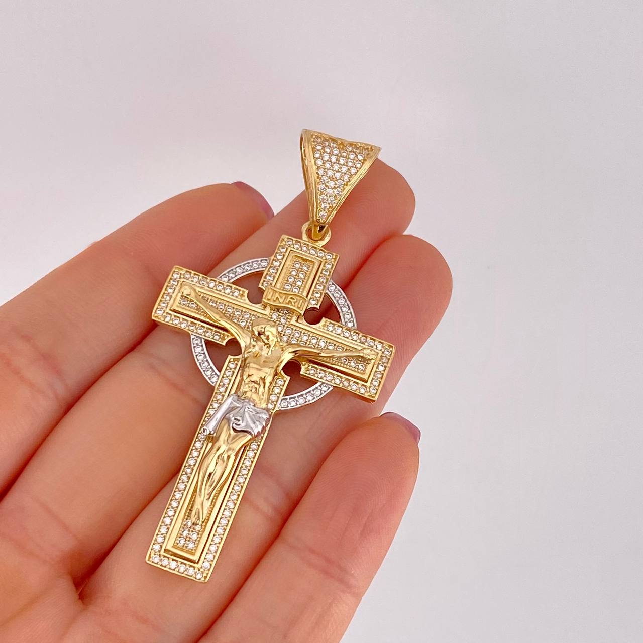 Dije Cruz Cristo 13.5g / 6.4cm Dos Oros Amarillo Blanco 18K