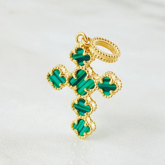 Dije Crúz Trebol Malaquita Verde 2.95gr / 3.2cm / Oro Amarillo Nac.Esp. 18K