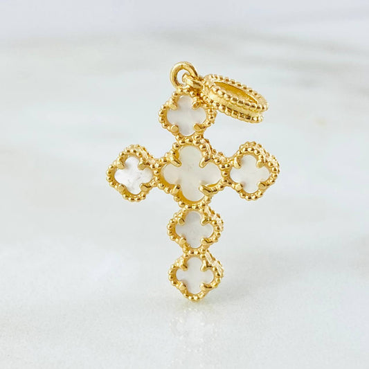 Dije Crúz Trebol Nacar Blanco 3gr / 3.2cm / Oro Amarillo Nac.Esp. 18K