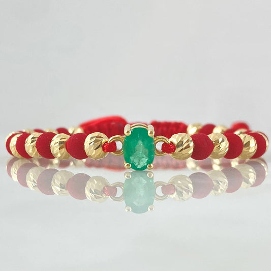 Pulsera Roja Herraje Piedra Circular 3.85gr / 5mm Bolas Diamantadas 16und Esmeralda 79pts Oro Amarillo 18K (Joya) *