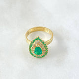 Anillo Halo Gota Tupido 6.15gr / T6 3/4 / Esmeraldas 1.17 Qts Diamantes 34pts Oro Amarillo 18K (Joya) *