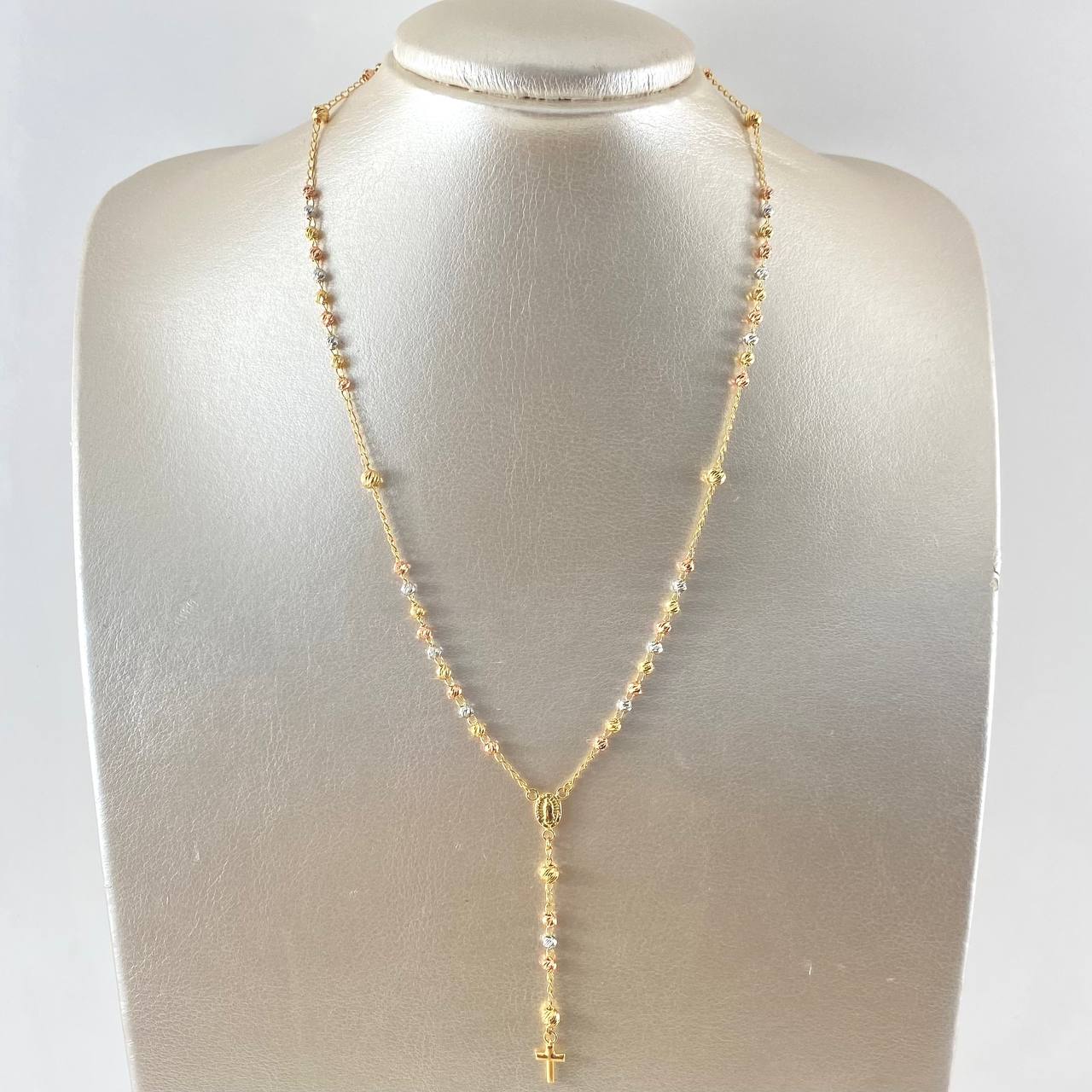Rosario Virgen Guadalupe 7.25gr / 50cm / 3mm-4mm Bolas Diamantadas Crúz Lisa Tres Oros 18K ©