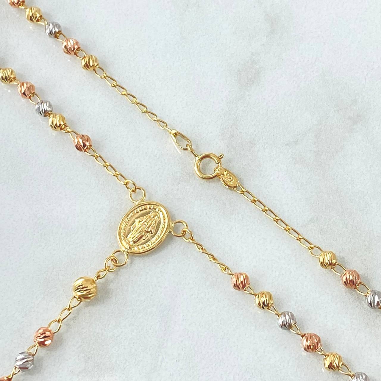 Rosario Virgen Milagrosa 7.5gr / 45cm / 3mm-4mm Bolas Diamantadas Cruz Crito Basto Atornillado Tres Oros 18K *