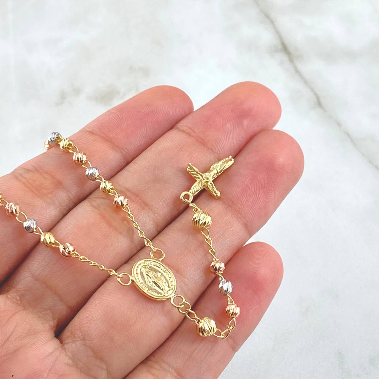 Rosario Virgen Milagrosa 7.5gr / 45cm / 3mm-4mm Bolas Diamantadas Cruz Crito Basto Atornillado Tres Oros 18K *