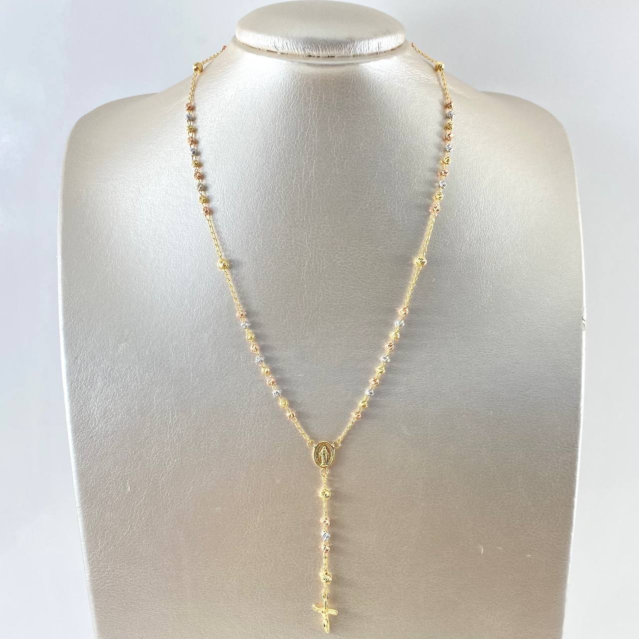 Rosario Virgen Milagrosa 7.5gr / 45cm / 3mm-4mm Bolas Diamantadas Cruz Crito Basto Atornillado Tres Oros 18K *
