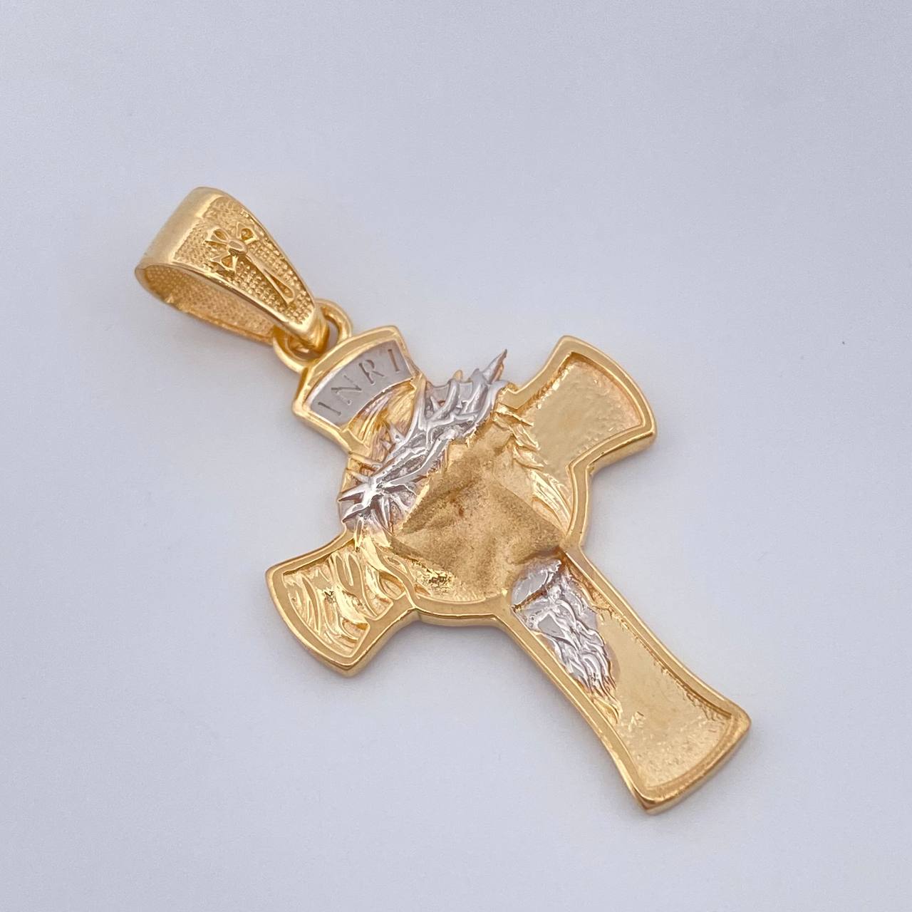 Dije Cruz Cristo Rostro  4gr / 3.5cm-Dos Oros Amarillo Blanco 18K +