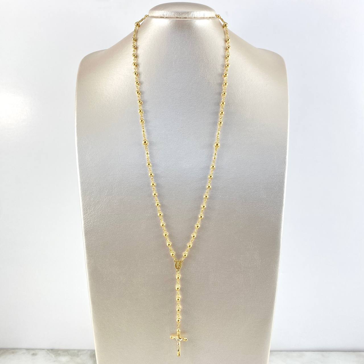 Rosario Virgen Milagrosa 13.85gr / 60cm / 5-4mm Bolas Lisas Eslabones Espiral Dos Oros Amarillo Blanco ©