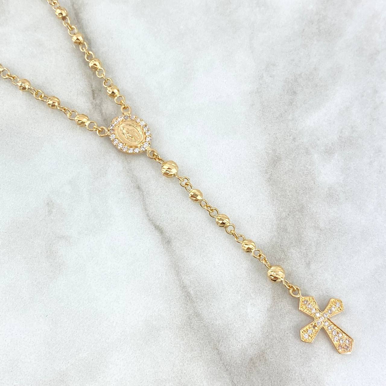 Rosario Virgen Milagrosa 10.2gr / 45cm / 4mm-3mm Bolas Diamantadas-Circones Blancos Oro Amarillo
