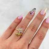 Anillo Flecha 3gr / T7 / Circones Blancos-Verdes Oro Amarillo
