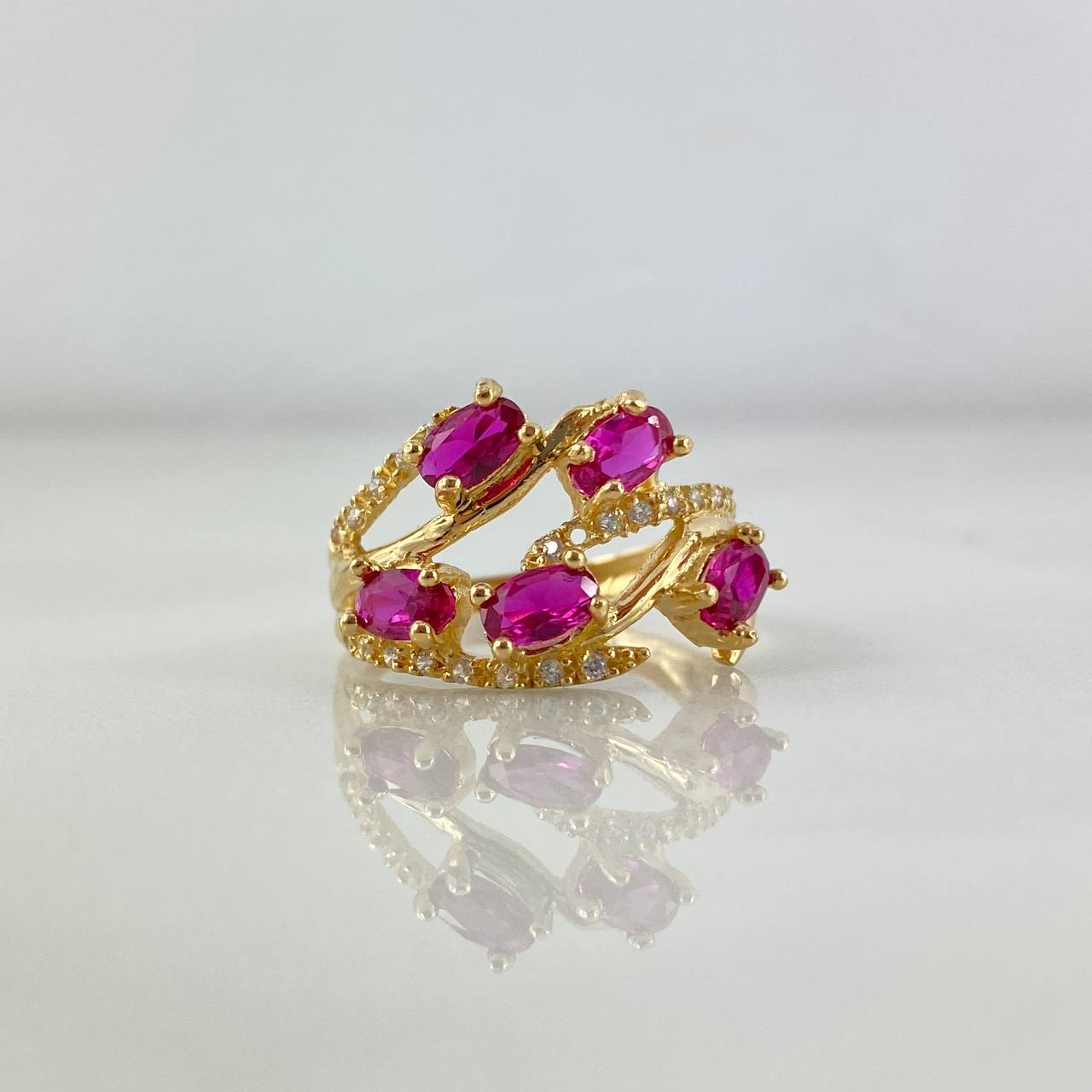 Anillo Ramificado 3.2gr / T6 3/4 / Circones Blancos-Fucsia Oro Amarillo
