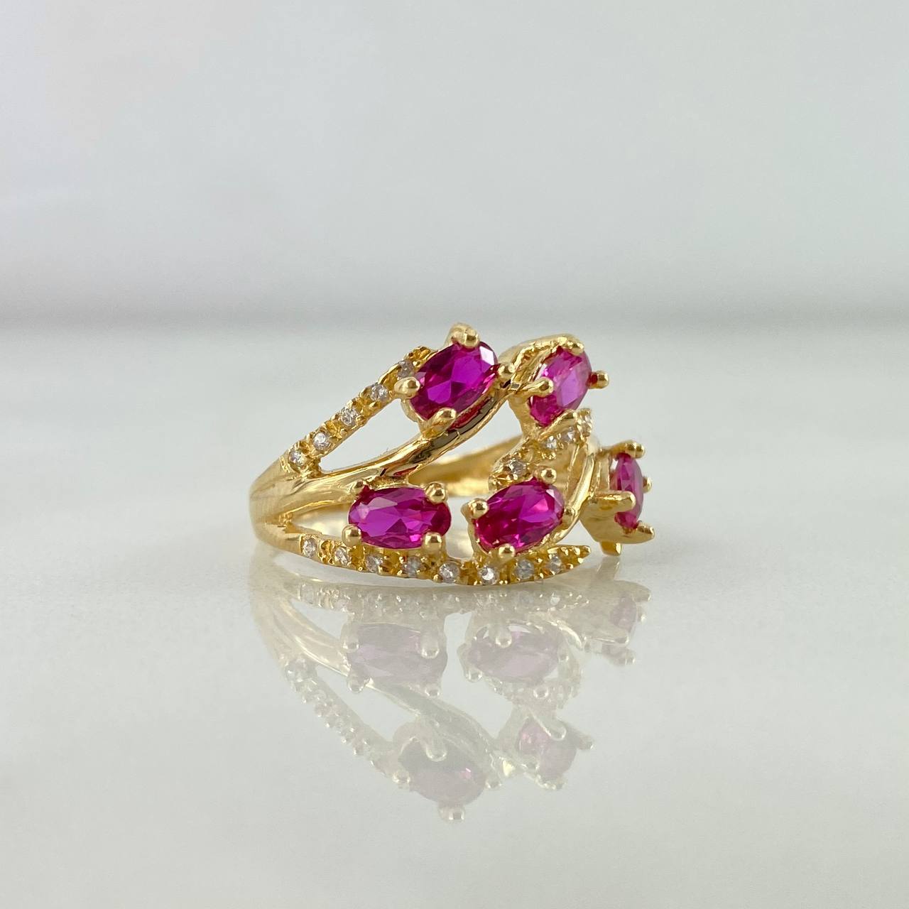 Anillo Ramificado 3.2gr / T6 3/4 / Circones Blancos-Fucsia Oro Amarillo