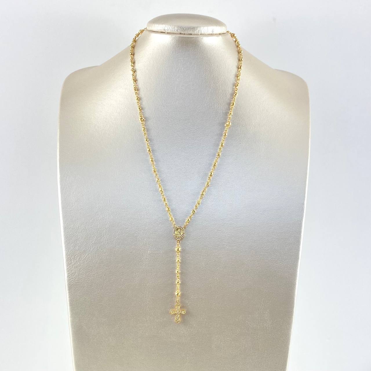 Rosario Virgen Milagrosa 10.2gr / 45cm / 4mm-3mm Bolas Diamantadas-Circones Blancos Oro Amarillo