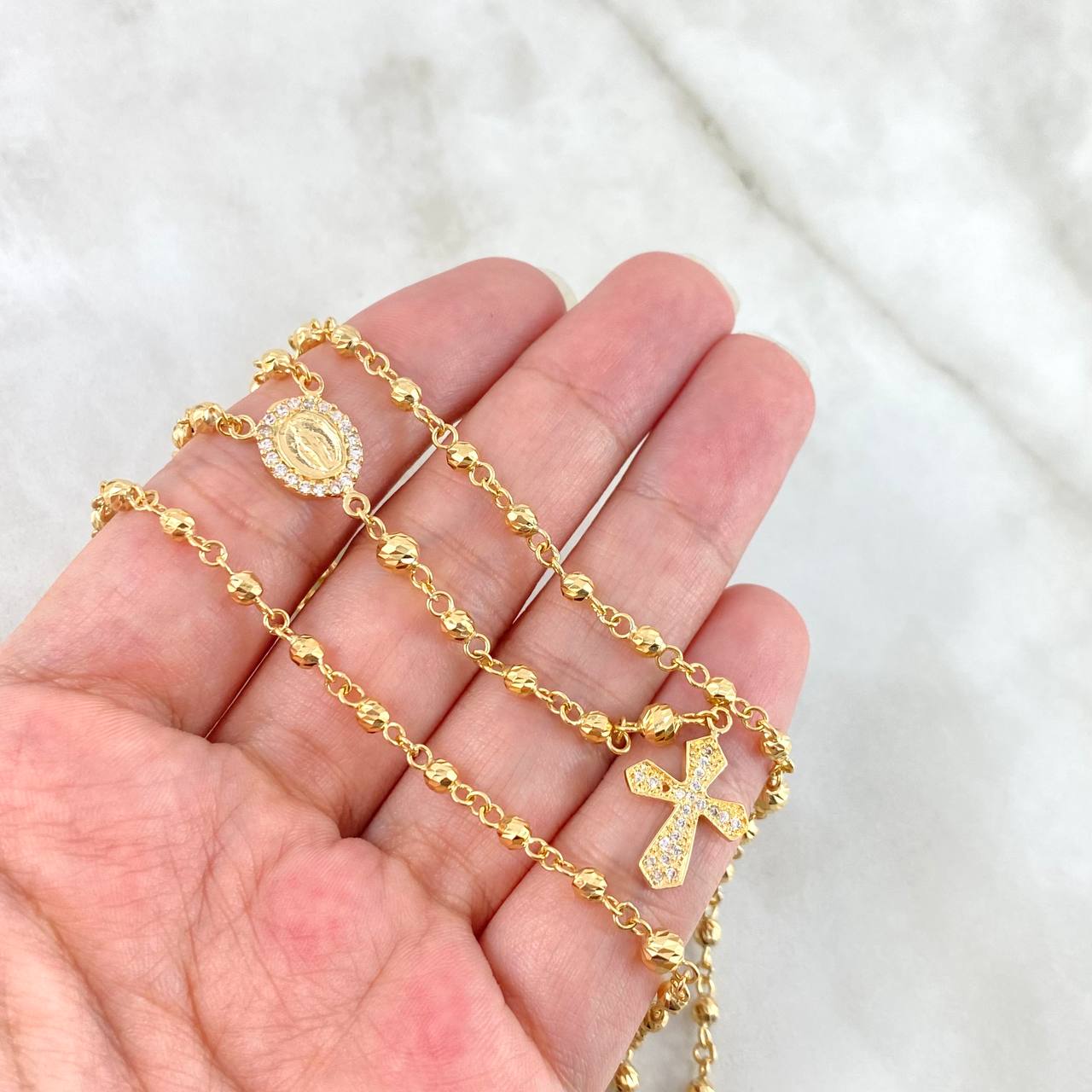 Rosario Virgen Milagrosa 10.2gr / 45cm / 4mm-3mm Bolas Diamantadas-Circones Blancos Oro Amarillo