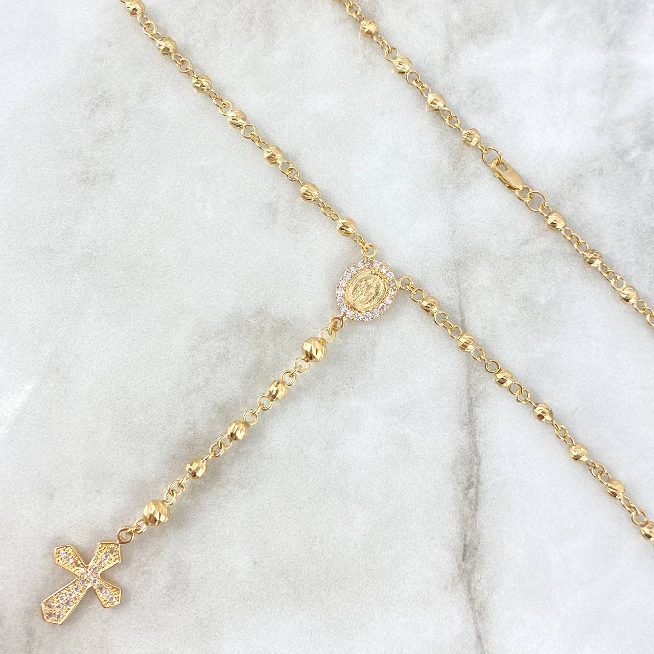 Rosario Virgen Milagrosa 10.2gr / 45cm / 4mm-3mm Bolas Diamantadas-Circones Blancos Oro Amarillo
