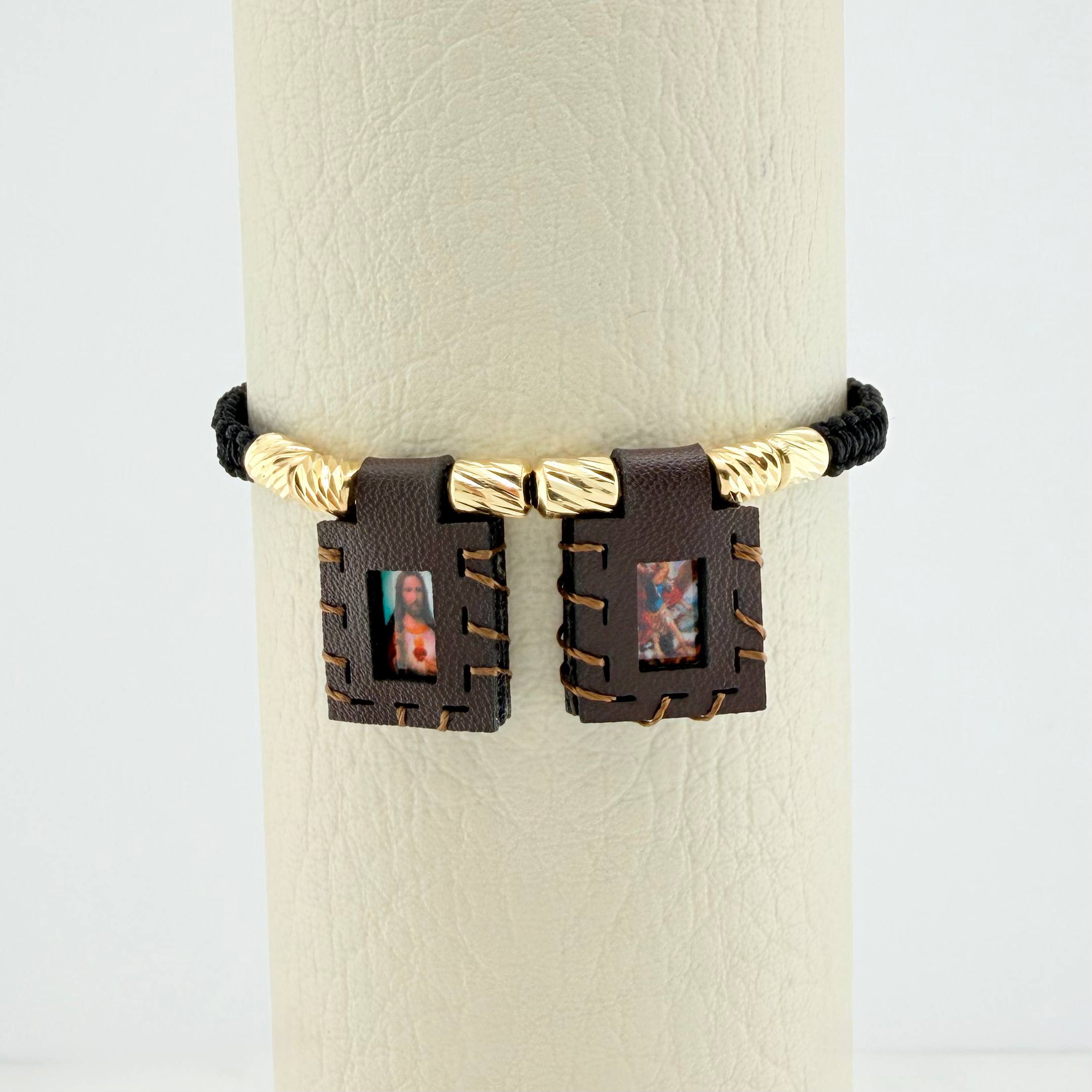 Pulsera Tejida Negra Escapulario Cilindros Diamantados 6Und Oro Amarillo 18K