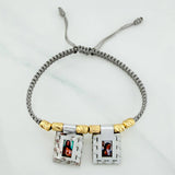 Pulsera Tejida Gris Escapulario Cilindros Diamantados 6Und Oro Amarillo 18K