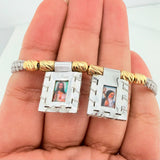 Pulsera Tejida Gris Escapulario Cilindros Diamantados 6Und Oro Amarillo 18K