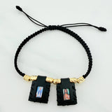 Pulsera Tejida Negra Escapulario Cilindros Diamantados 6Und Oro Amarillo 18K