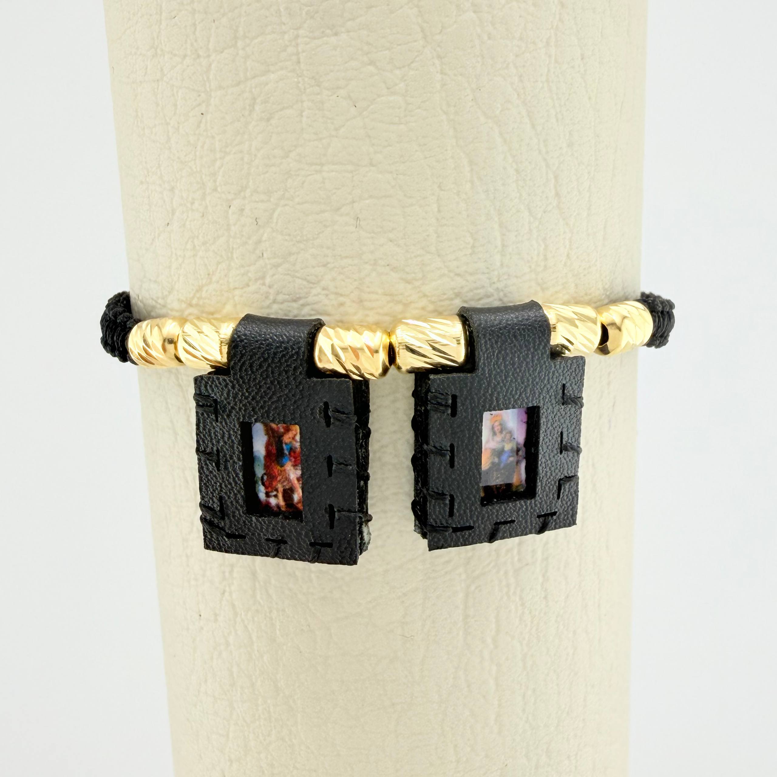 Pulsera Tejida Negra Escapulario Cilindros Diamantados 6Und Oro Amarillo 18K