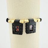 Pulsera Tejida Negra Escapulario Cilindros Diamantados 6Und Oro Amarillo 18K