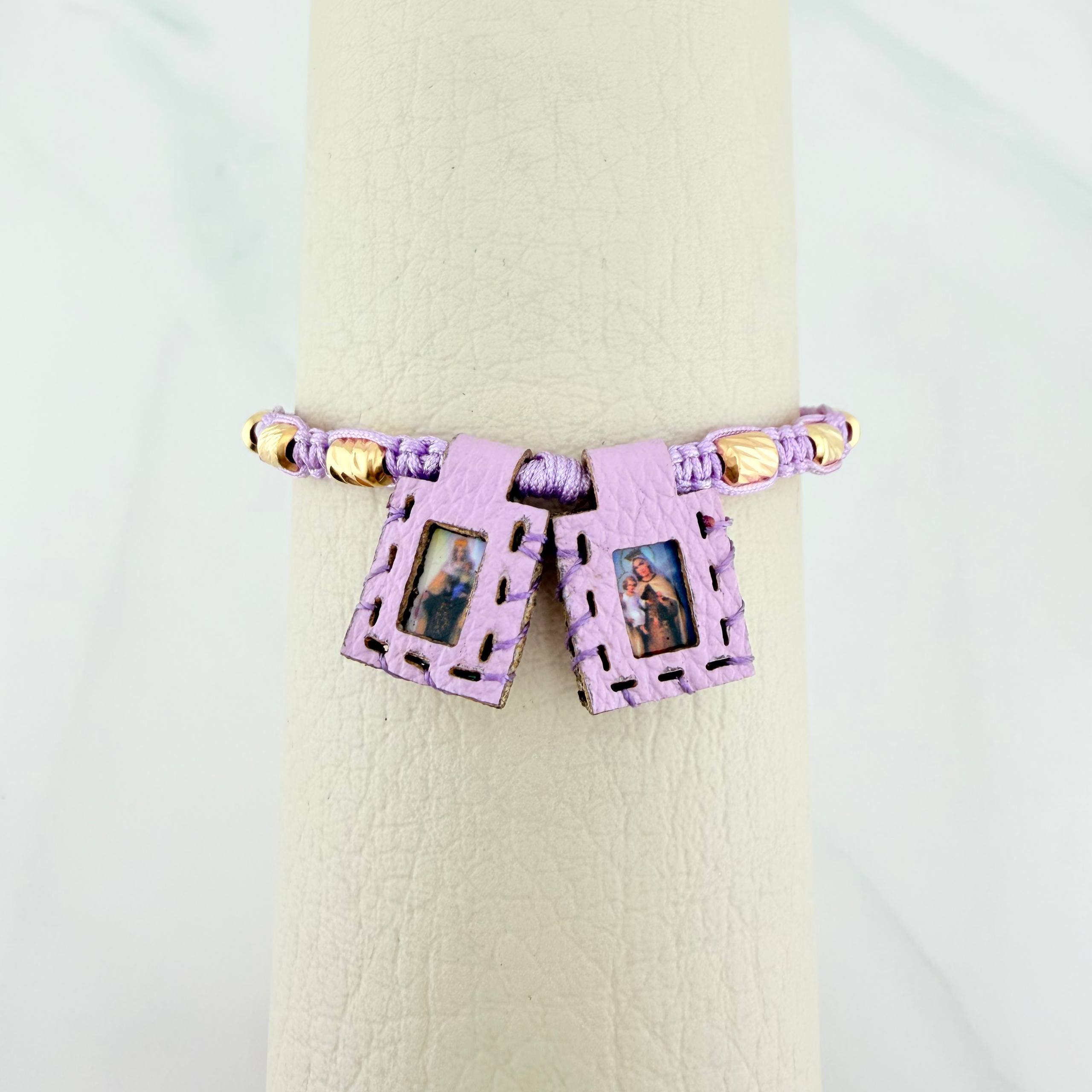 Pulsera Tejida Lila Escapulario Cilindros Diamantados 6Und Oro Amarillo 18K