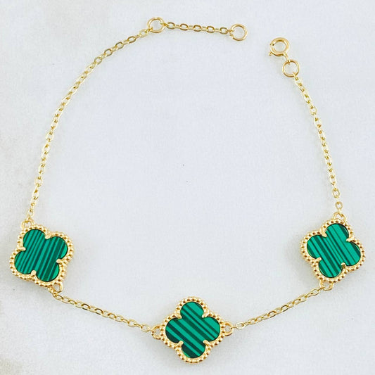 Pulso Aro seguido Trebol Malaquita Verde 5.1gr / 18cm-19.5cm / 12mm Oro Amarillo 18K