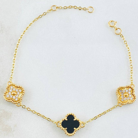 Pulso Trebol Onix Negro Diamantado Circones Blanco 5.1gr / 15.5cm-17.5cm / Oro Amarillo 18K